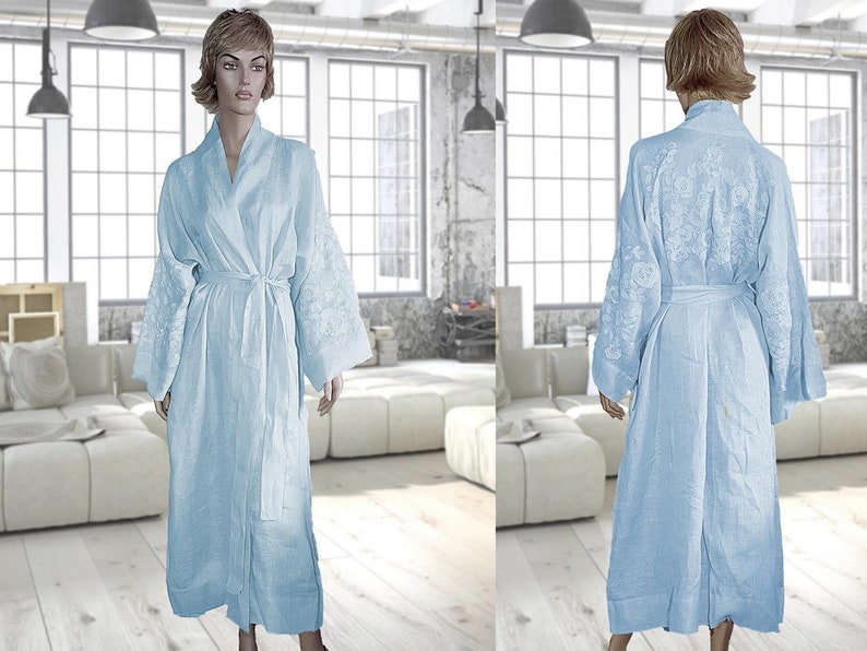 Soft natural linen Long morning kimono Beautiful home bathrobe vyshyvanka. White Wedding Women/'s Robe Embroidered Dressing Gown