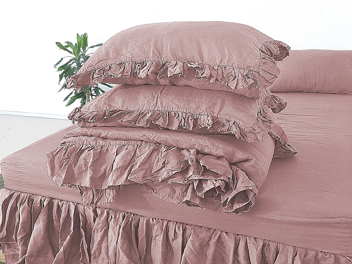 Ruffled Linen bedding set Collection in Dusty Pink Rufled Etsy