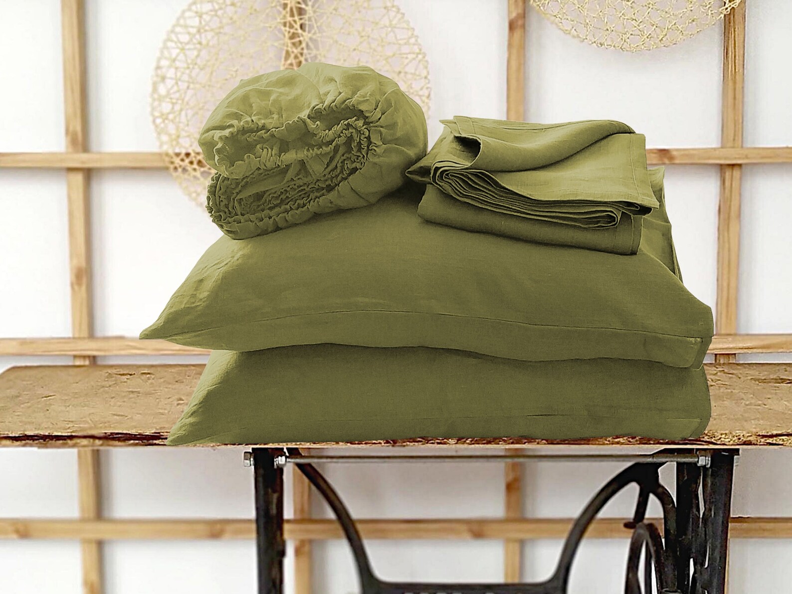 Linen Bedding Sheets set in Olive 4 items Flat top sheet Etsy