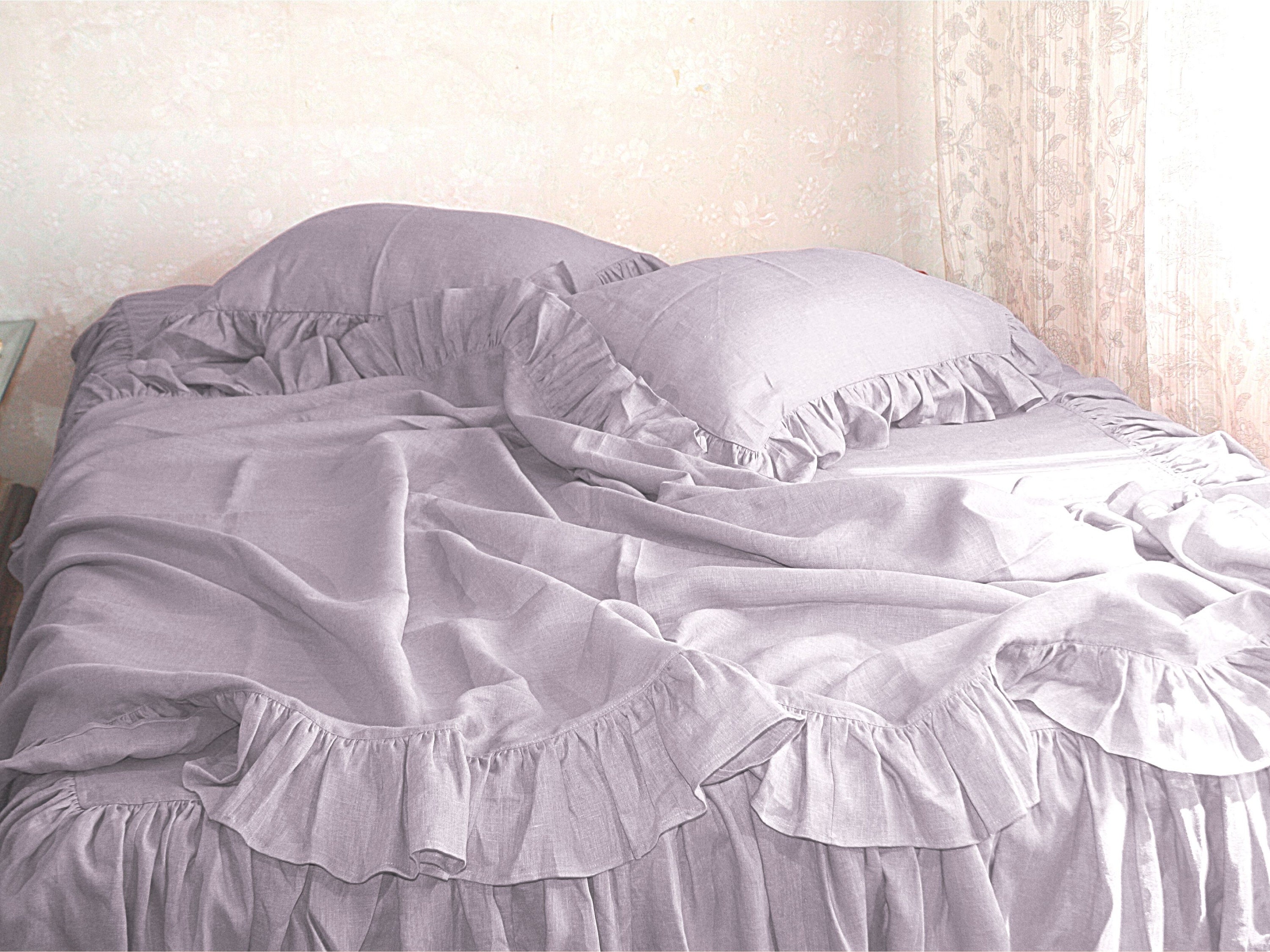 Lavender Ruffled Linen bedding set in Bohemian style Duvet Etsy