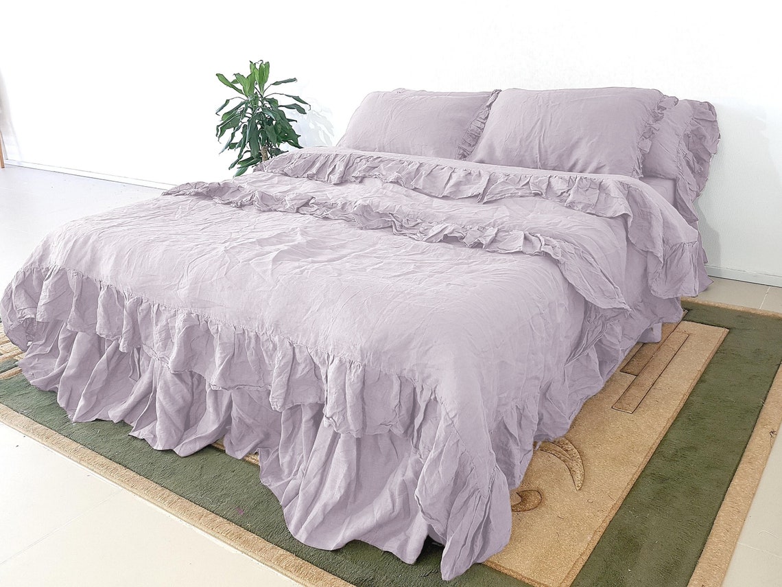 Lavender Ruffled Linen bedding set 3 pc in French country Etsy