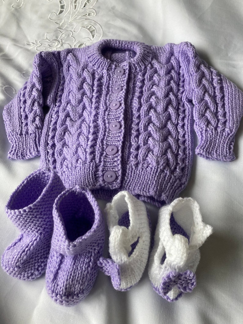 Lilac baby cardigan, bootees and shoes 3-6 months image 1