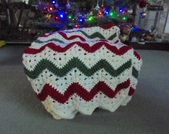 Hand Crocheted Cream/Red/Green Ripple Aran Throw, Crocheted Blanket, Homemade Throw, Woolen Blanket, Knitted Blanket
