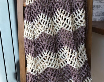 Hand Crocheted Mushroom/Cream Ripple Aran Throw, Crocheted Blanket, Homemade Throw, Woolen Blanket, Knitted Blanket