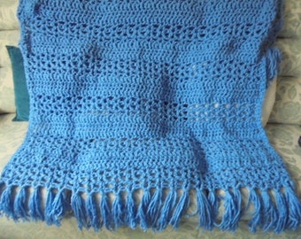 Super Chunky Hand Crocheted Blue Lacy Stripe Throw with Fringe, Crocheted Blanket, Homemade Throw, Woolen Blanket, Chunky Knitted Blanket