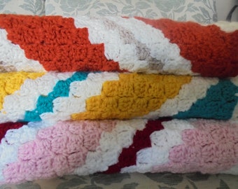 Chunky Hand Crocheted Diagonal Stripe Throw, Three Colour Crocheted Blanket, Homemade Throw, Woollen Blanket, Chunky Blanket