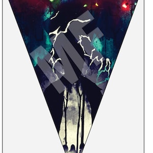 May include: A triangular shaped illustration of a dark silhouette of a figure standing in a forest with a string of colorful lights in the background.