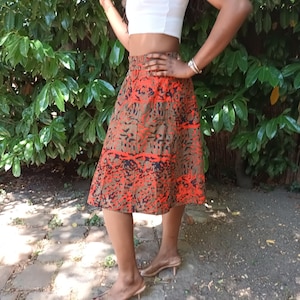 MILITIA Midi Skater Skirt with Red, Brown, and Black Variegated Patterns - Elegance and Originality
