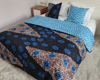 Parure de lit réversible BLUE WAVES/CALEBASSE (Housse de couette et 2 Taies)