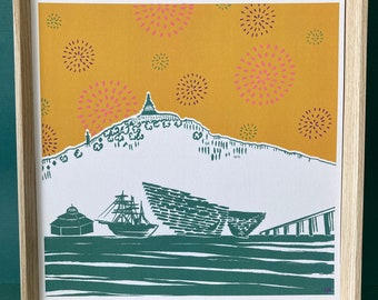 Dundee Cityscape with Dundee Cake Sky / Dundee landmarks / V&A Dundee / Scottish architecture / illustration by Louise Kirby