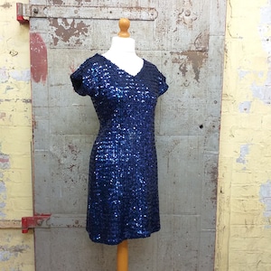 80s 90s Indigo Blue Sequinned Disco Dress V Neck  Stretchy UK 10-12 US 6-8 EUR 38