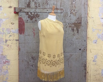 1920's Vintage Tunic Dress Antique Silk with  Fringing, Embroidered Roses & Crossover Neckline XS Petite