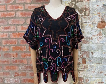 80s Metallic Sequinned Top with Scalloped Hem, 3/4 sleeves & V Neck