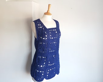 70s Crochet Tunic Vest Tank Top Scalloped Hem SMALL 34-35" Royal Blue Knit