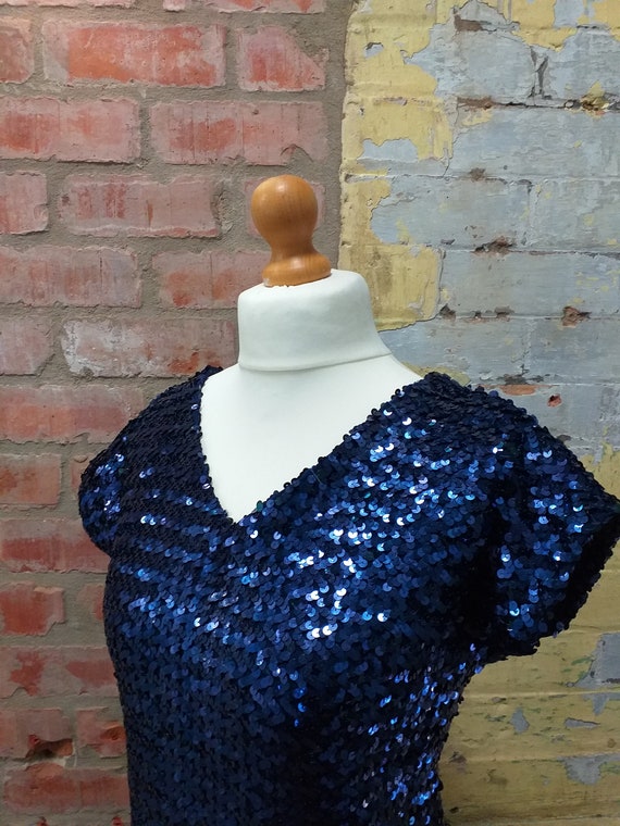 80s 90s Indigo Blue Sequinned Disco Dress V Neck … - image 2