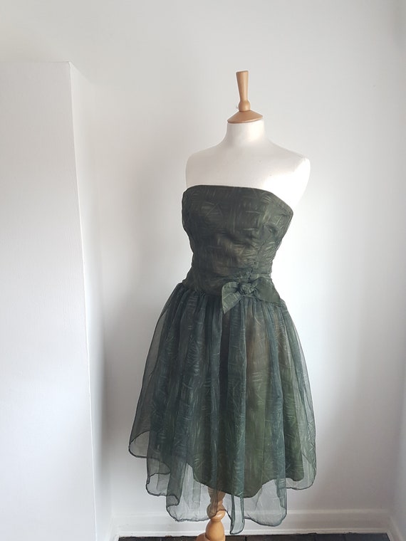 1960's Vintage Dress Dark Green Tulle with Bow De… - image 4