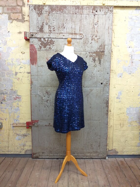 80s 90s Indigo Blue Sequinned Disco Dress V Neck … - image 3
