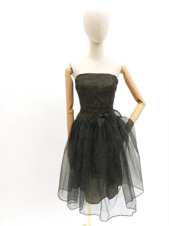 1960's Vintage Dress Dark Green Tulle with Bow De… - image 1