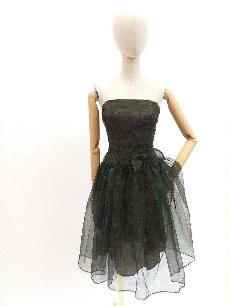 1960's Vintage Dress Dark Green Tulle with Bow Detail by Linzi Line SMALL UK 10-12 US 6-8 image 1