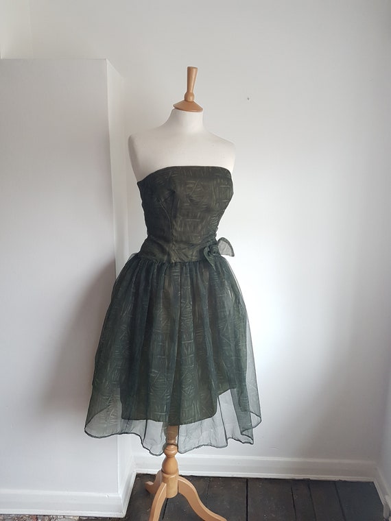 1960's Vintage Dress Dark Green Tulle with Bow De… - image 10