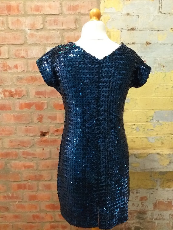 80s 90s Indigo Blue Sequinned Disco Dress V Neck … - image 5