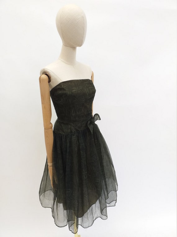 1960's Vintage Dress Dark Green Tulle with Bow De… - image 2