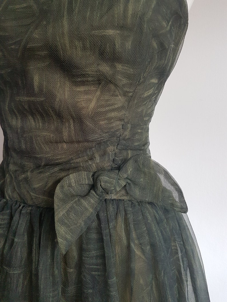 1960's Vintage Dress Dark Green Tulle with Bow Detail by Linzi Line SMALL UK 10-12 US 6-8 image 7