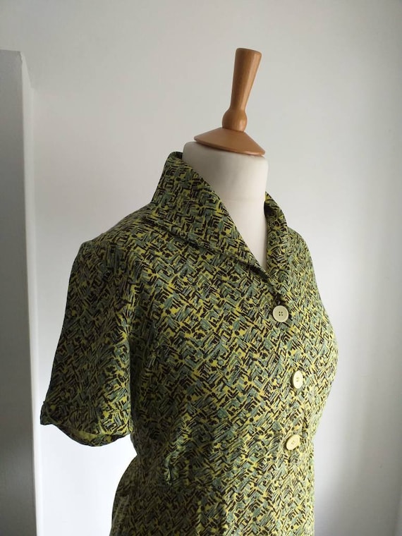 40's 50's Dress Lime Green Geometric Print MEDIUM