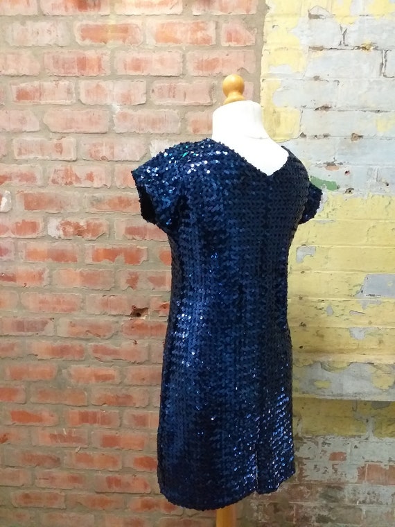 80s 90s Indigo Blue Sequinned Disco Dress V Neck … - image 6