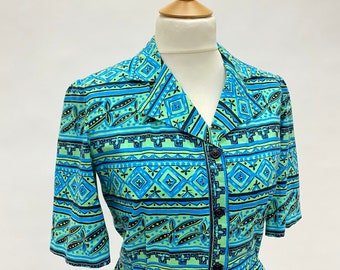 Robe chemise vintage des années 40 et 50 en imprimé géométrique abstrait vert turquoise noir Royaume-Uni 12 États-Unis 8