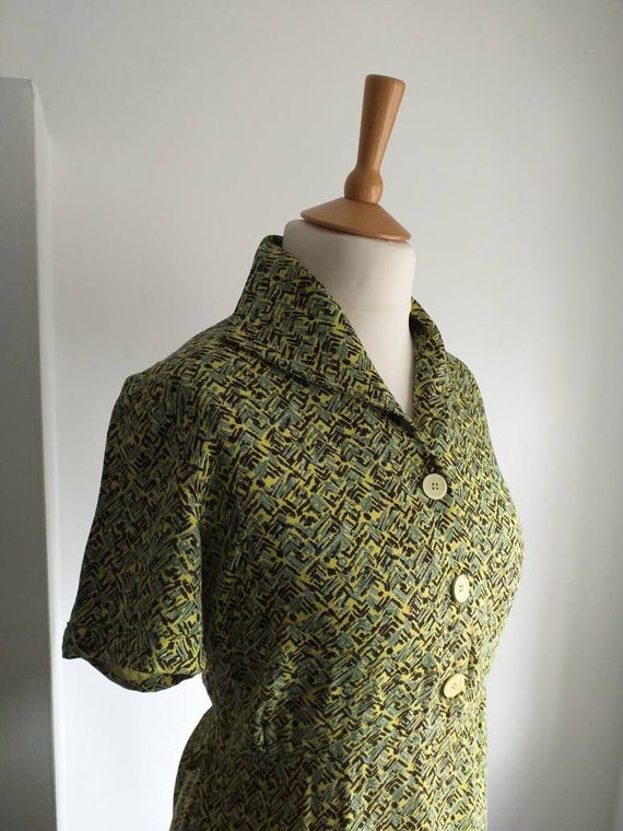 1940s 1950s  Dress Lime Green Geometric Print  39" - image 1