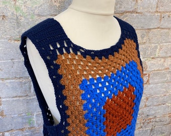 70s Style Hand-Made Crochet Tunic Vest Tank Top  38" Blue & Tan