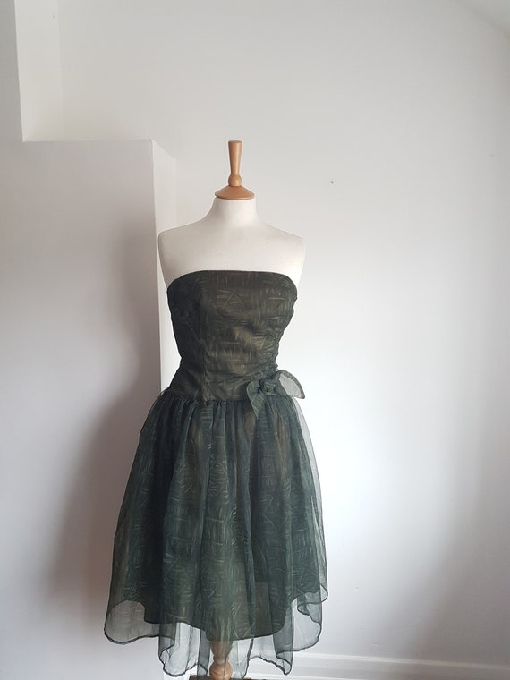 1960's Vintage Dress Dark Green Tulle with Bow De… - image 3