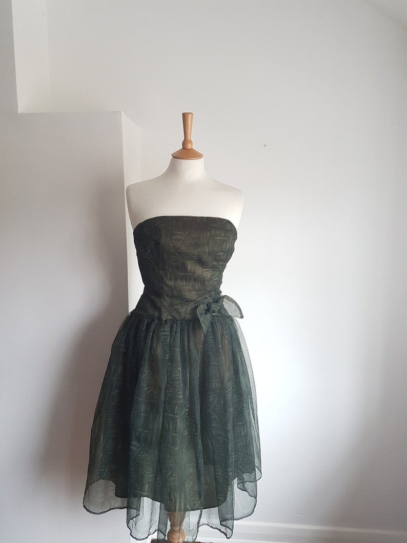 1960's Vintage Dress Dark Green Tulle with Bow Detail by Linzi Line SMALL UK 10-12 US 6-8 image 3