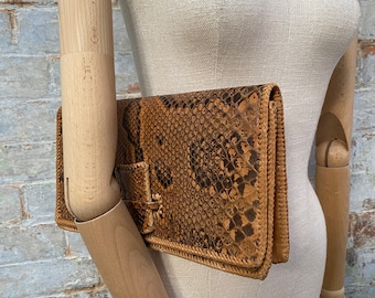 Large Vintage Clutch Bag Snakeskin Brown Leather