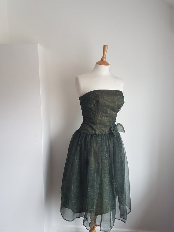 1960's Vintage Dress Dark Green Tulle with Bow De… - image 5