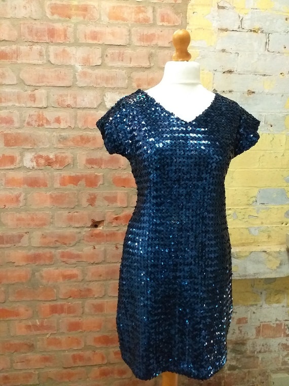 80s 90s Indigo Blue Sequinned Disco Dress V Neck … - image 4