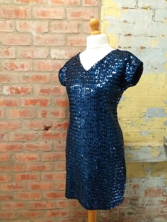 80s 90s Indigo Blue Sequinned Disco Dress V Neck … - image 1