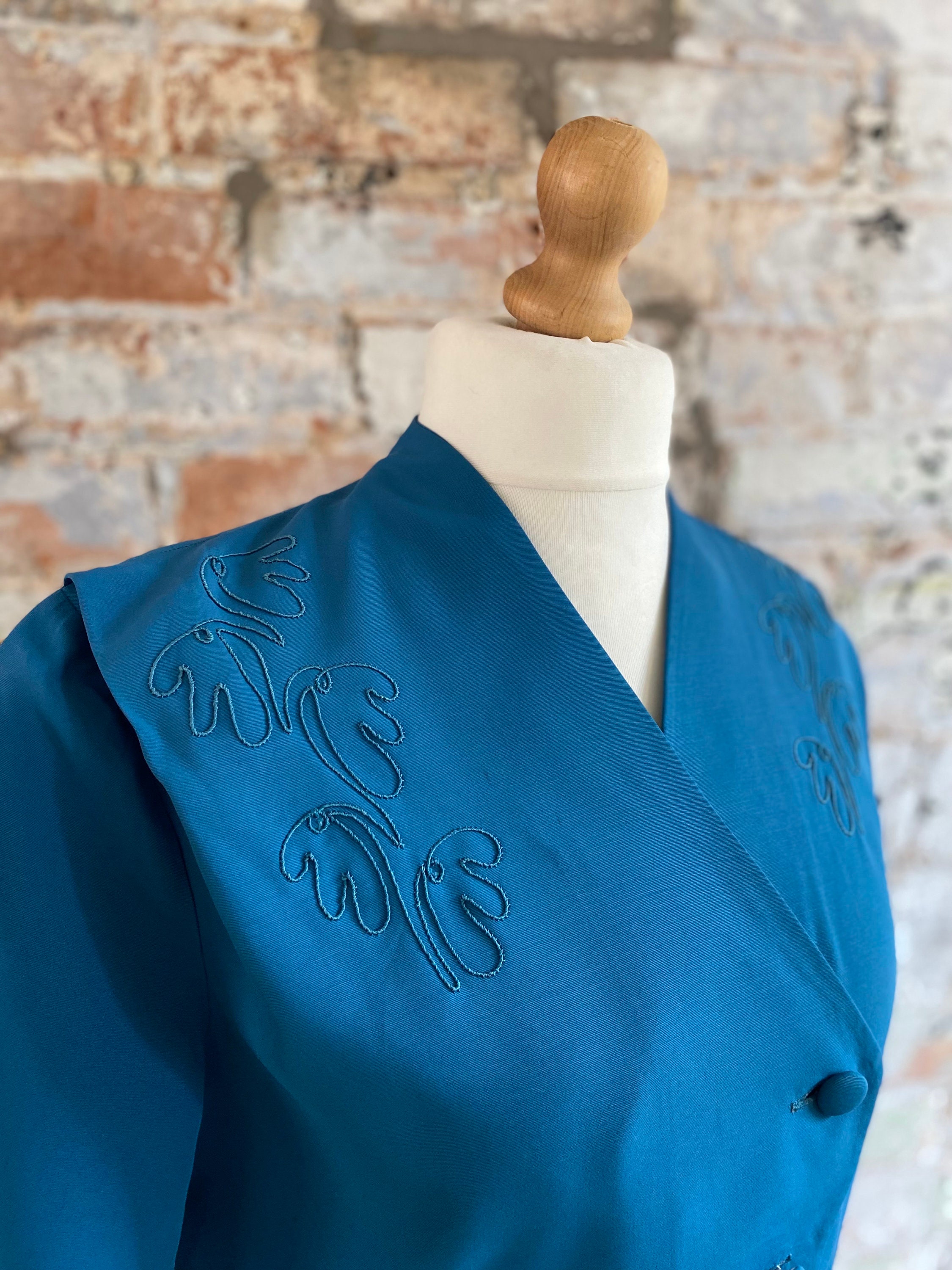 Vintage 1940s 1950s Jacket with Diagonal Front and Shoulder Detail Teal  3/4 length Sleeves UK 14-16 USA 10-12 EUR 42