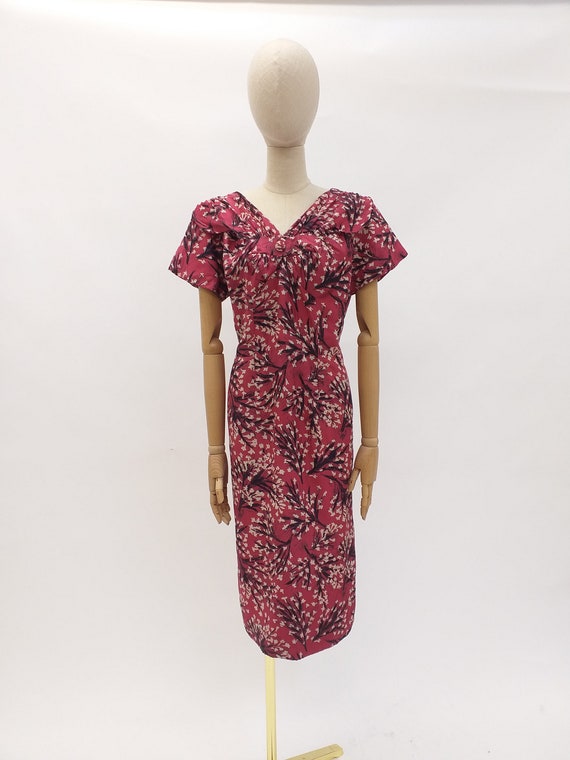 50's 60's Vintage Silk Cocktail Dress Cherry Blossom Print V Neckline Pink Black & White Medium UK 12-14 USA 8-10