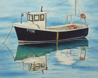 水彩画 「係留船」 オリジナル水彩画「係留中のはしけ、チズウィック」、ジョージ・ゴッド