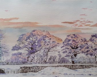 冬の風景 オリジナル水彩画 冬の水彩画 雪景色 木々 凍った川 - Etsy 日本