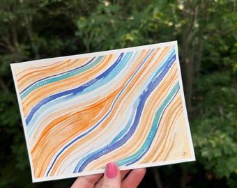 Original Watercolor Painting - Abstract Orange and Blue Wall Art - Hand-Painted Artwork - 5”x7” - Watercolor Home Decor