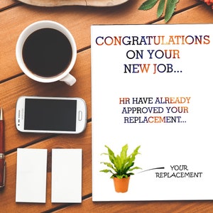 Félicitations pour votre nouvel emploi Les RH ont approuvé votre remplacement| Plante en pot | Carte de félicitations| Carte grossière| Drôle de carte| Nouvel emploi| Bien joué