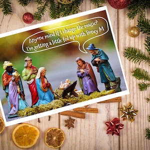 Kerststal Boney M|Kerstmis|Kerstkaart|Vrolijk kerstfeest|Onbeleefde kerstkaart| Grappige kerstkaart|Belediging|Feestelijk|Kerstmis|Jezus|Mary|Boney M
