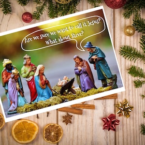 Geboorte Jezus? Hoe zit het met Steve?|Kerstmis|Kerstkaart|Vrolijk kerstfeest|Onbeleefde kerstkaart|Grappige kerstkaart|Belediging|Feestelijk|Geboorte|Jezus|Maria