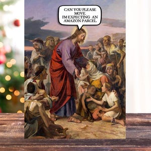 Jésus attend un colis d'une Amazone|Carte drôle de Noël|Drôle|Noël|Noël|Rire|Moi|Idiot|Carte de Noël drôle|Impoli|Amazone|Messe