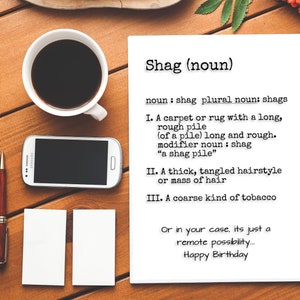 Shag (Noun) dictionnaire signification | Poils longs | Tapis | Emmêler les cheveux | Carte drôle | Insulte |