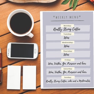 Menu hebdomadaire potable| Joyeux anniversaire| Carte Grossière| Carte brute| Insulte| Carte insultante| Carte d’anniversaire effrontée| Menu| Boire| L’alcool| Le café| Gin, c’est pas du tout Vodka