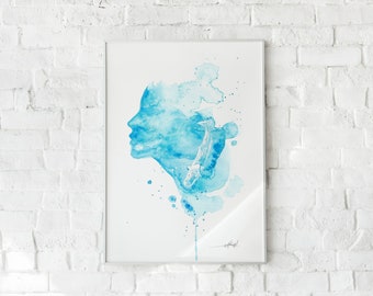 Abstract blue watercolour portrait woman - A4 and A3